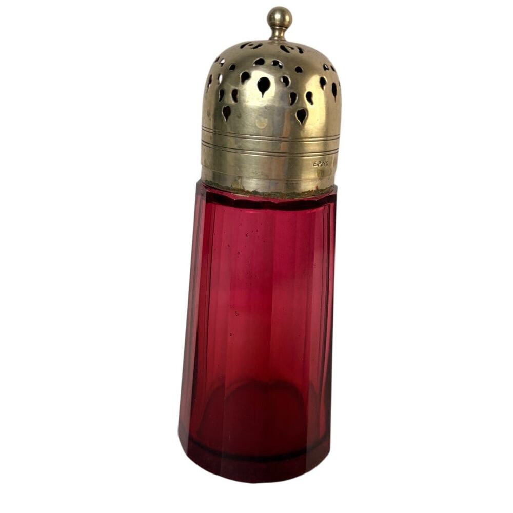 ANTIQUE VICTORIAN CRANBERRY GLASS PANELED SUGAR SHAKER MUFFINEER EPNS PIERCE LID